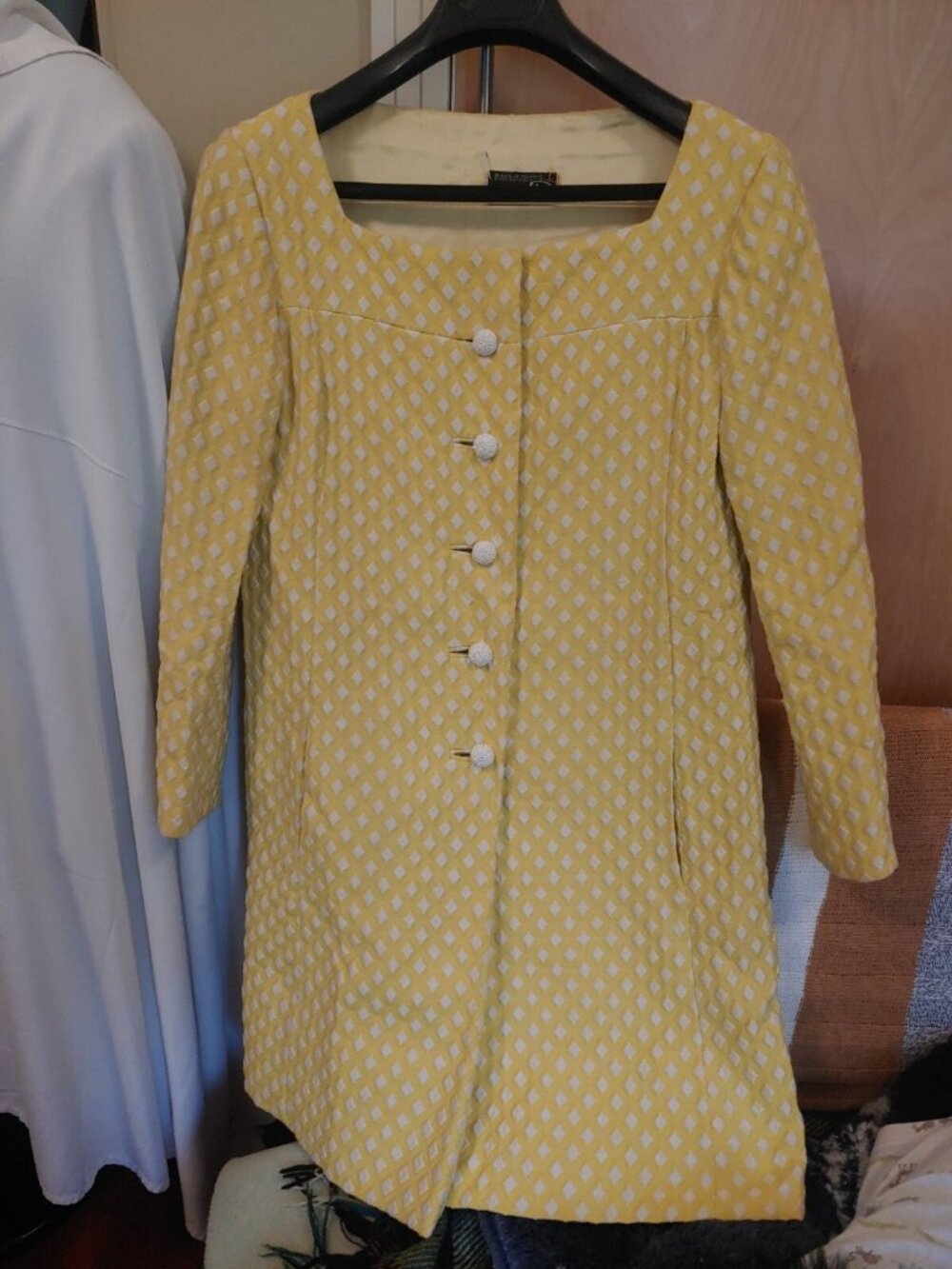 Vintage Mister D Made In France Gogo Dress Yellow Diamond beaded Buttons